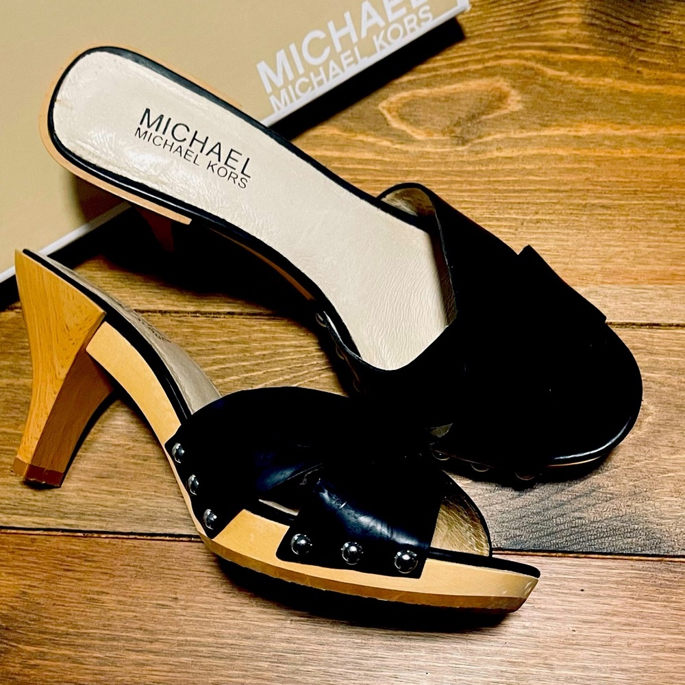 Michael Kors New leather, wood, slip-on dress sandal with MK stamp. NEW